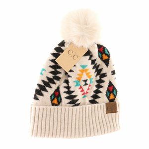 *NWT* C.C Soft Aztec Pattern Beanie with Faux Fur Pom - Beige